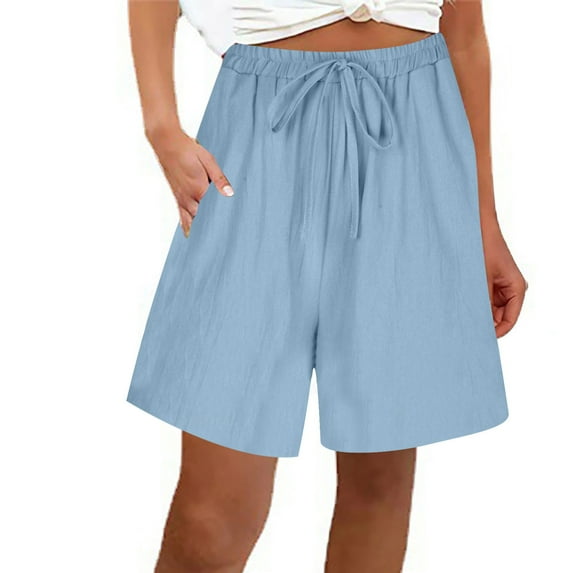 gbyLJF Women's Cotton Linen Shorts Casual Shorts Drawstring Comfy Elastic Waist Shorts Summer Pull On Short Light Blue M