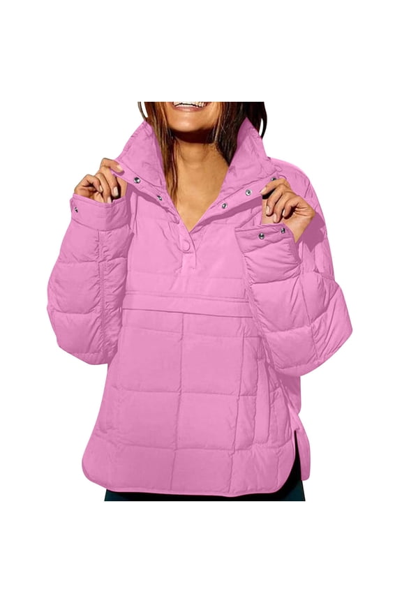 Women's Cotton-padded Jacket Solid Color Long Sleeve Stand Up Collar Coat Winter Half-button Pullover Jackets with Pockets