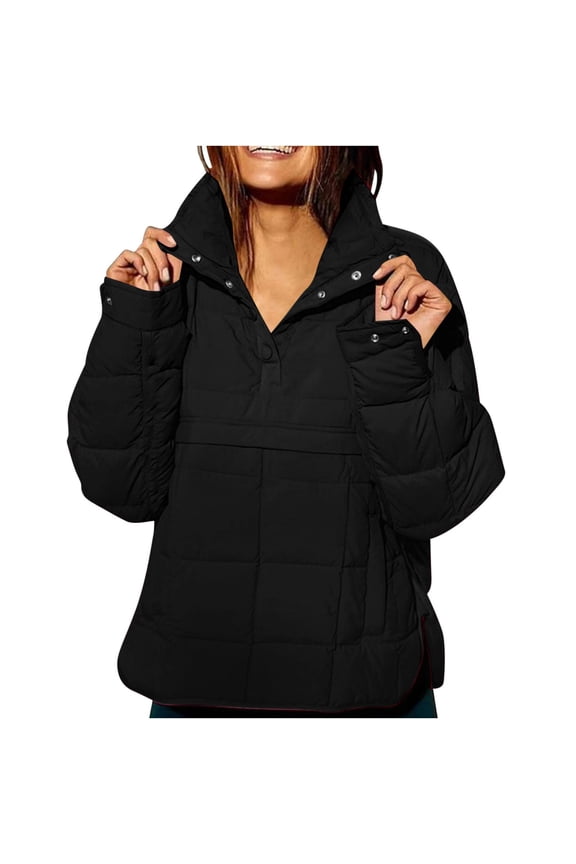 Women's Cotton-padded Jacket Solid Color Long Sleeve Stand Up Collar Coat Winter Half-button Pullover Jackets with Pockets