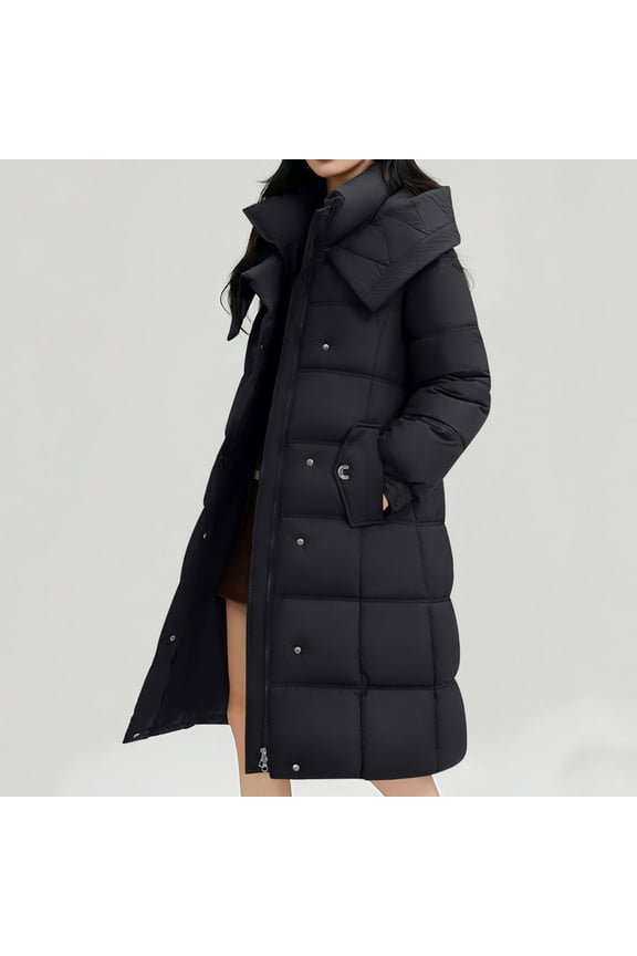 Women's Cotton-padded Jacket Solid Color Thickened Long Puffer Jackets Winter Warm Hooded Coat with Pockets