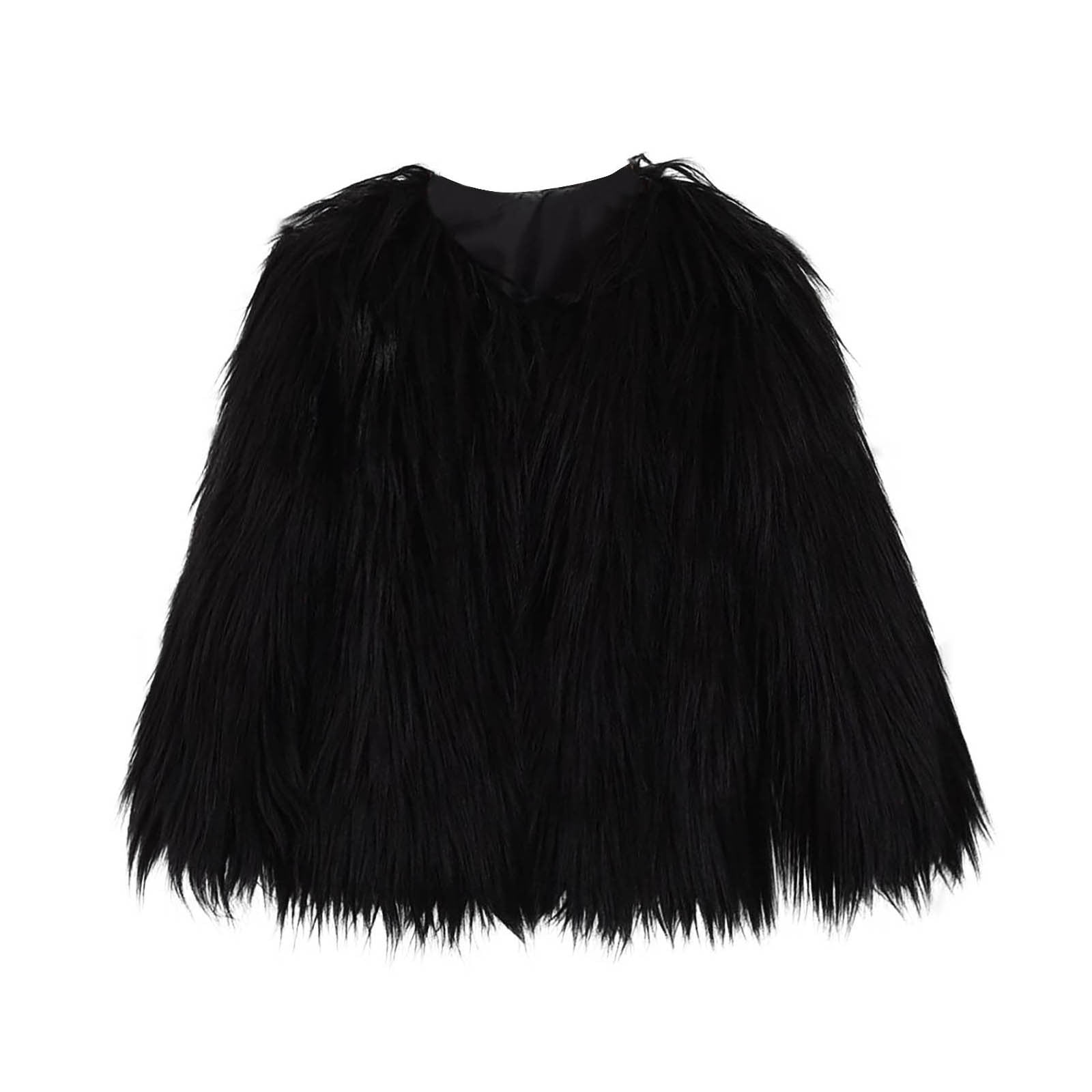 Black Fluffy Round Neck Faux Fur Long Sleeves Coat