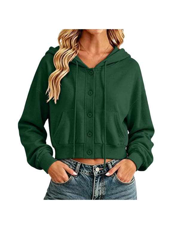 Women's Cropped Hoodie Jacket Button Down Loose Workout Short Coats Fleece Hooded Tops Airport,Dance,Daily Clothes