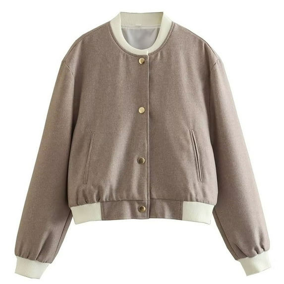 gbyLJF Women's Cropped Varsity Bomber Jackets Baseball Collar Button Down Shacket Long Sleeve Jackets Coat Brown L