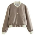 thumbnail image 1 of gbyLJF Women's Cropped Varsity Bomber Jackets Baseball Collar Button Down Shacket Long Sleeve Jackets Coat Brown M, 1 of 3