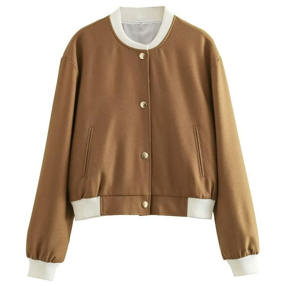 gbyLJF Women's Cropped Varsity Bomber Jackets Baseball Collar Button Down Shacket Long Sleeve Jackets Coat Coffee L