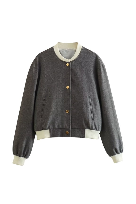 Women's Cropped Varsity Bomber Jackets Baseball Collar Button Down Shacket Long Sleeve Jackets Coat Gray L