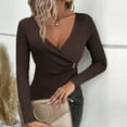thumbnail image 1 of gbyLJF Women's Deep V-neck Base Layer Shirt Solid Color Long Sleeve Knitted Sweater Slim Fit Irregular Crossed Sweaters, 1 of 4