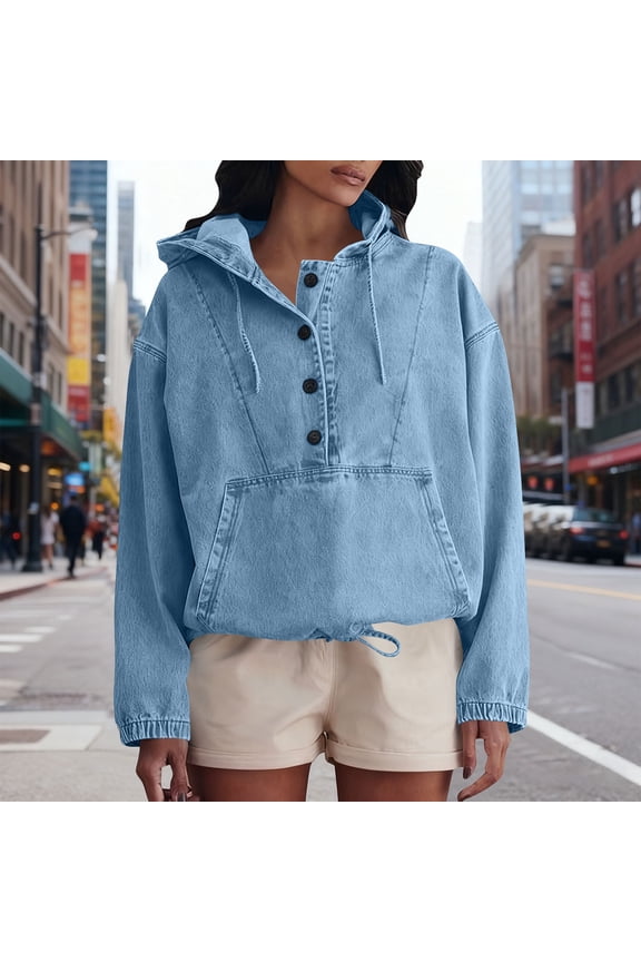 Women's Denim Tops Long Sleeve Half Button Down Hooded Pullover Solid Color Half Open Front Hoodie with Pocket
