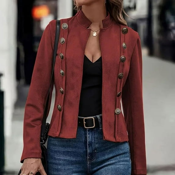 gbyLJF Women's Double Breasted Jacket Regular Fit Solid Color Stand Up Collar Long Sleeve Coat Casual Fashion Short Blouse Coat