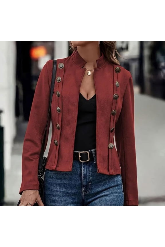 Women's Double Breasted Jacket Regular Fit Solid Color Stand Up Collar Long Sleeve Coat Casual Fashion Short Blouse Coat