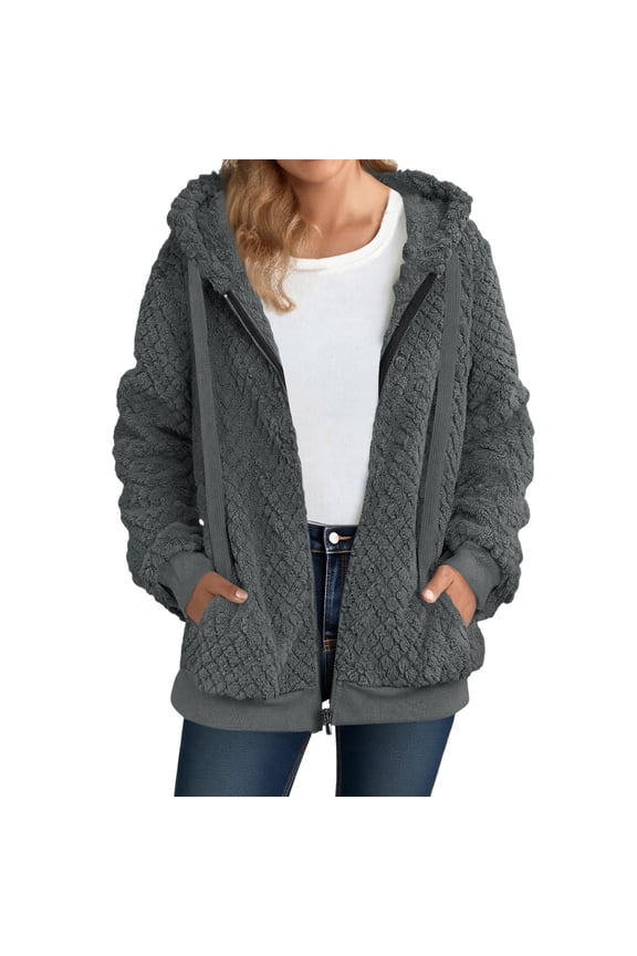 Women's Double Sided Fleece Jackets Long Sleeve Full Zip Hooded Coats Fall Winter Casual Solid Color Fuzzy Tops Jacket with Pockets