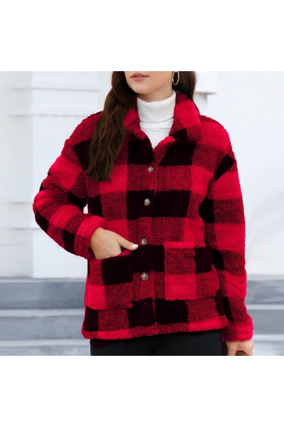 Women's Double-sided Fleece Jacket Thickened Checkered Button Down Coat Long Sleeve Lapel Jacket Winter Outwear