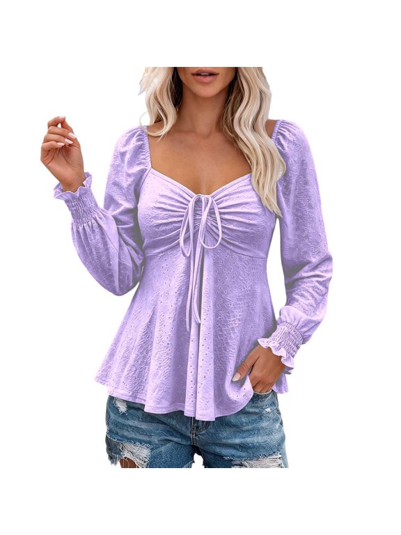 Women's Eyelet Babydoll Long Sleeve Top Drawstring Ruched Front Peplum Tees Puff Sleeve Trendy Going Out Shirts
