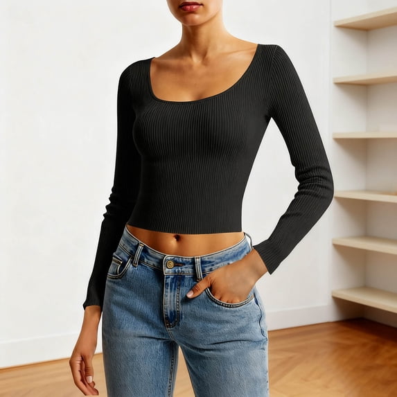 gbyLJF Women's Fall Knitted Sweater Long Sleeve Square Neck Pullover Solid Color Slim Fit Ribbed Knit Tops