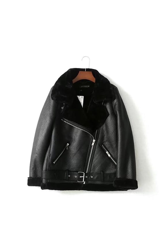 Women's Faux Shearing Moto Jacket Warm Thick Lined Parka Winter Shearling Coat Leather Jackets Outerwear Black XS