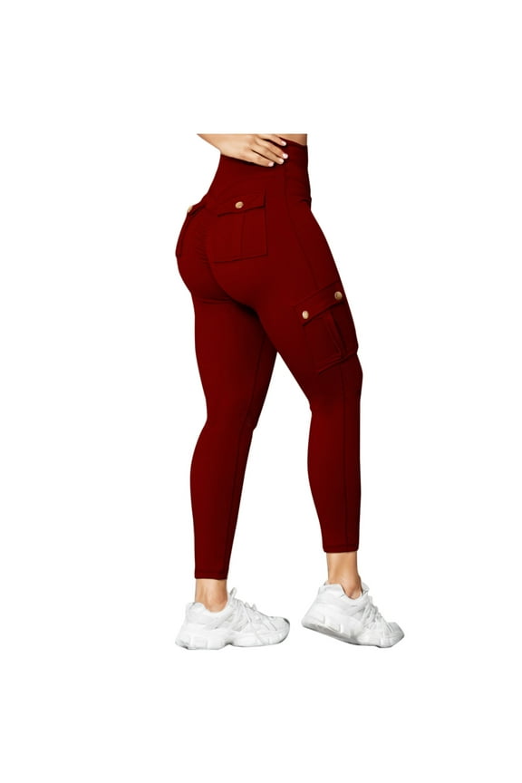 Women's Fitness Exercise Skinny Yoga Cargo Pants Multi Pockets High Waisted Ankle Length Tights Leggings Wine S