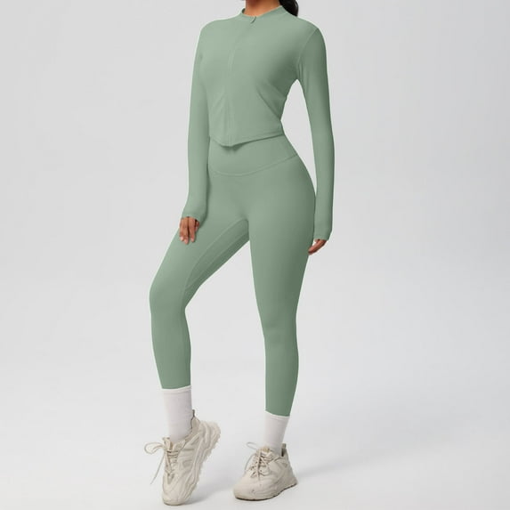 gbyLJF Women's Fitness Sports Set Zip Up Tops Jacket High Waisted Tightens Trousers Solid Color Yoga and Running Clother 2 Piece Set