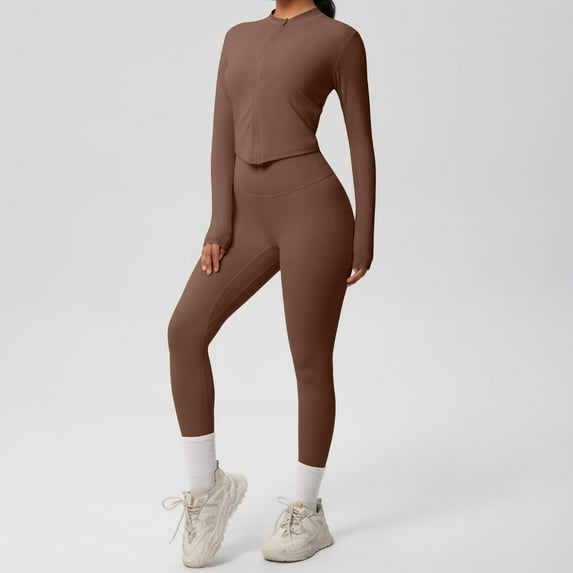 gbyLJF Women's Fitness Sports Set Zip Up Tops Jacket High Waisted Tightens Trousers Solid Color Yoga and Running Clother 2 Piece Set