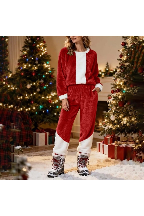 Women's Flannel Outfits Color Blockes Round Neck Long Sleeve Pullover and Elastic Waisted Pants Winter Fleece Sweatsuit Sets
