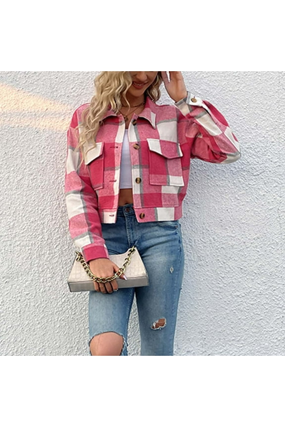 Women's Flannel Plaid Cropped Shacket Jacket Lapel Button Down Fall Fashion Woolen Crop Outerwear Casual Ladies Jackets
