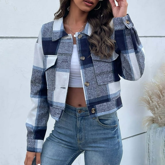 gbyLJF Women's Flannel Plaid Cropped Shacket Jacket Lapel Button Down Fall Fashion Woolen Crop Outerwear Casual Ladies Jackets