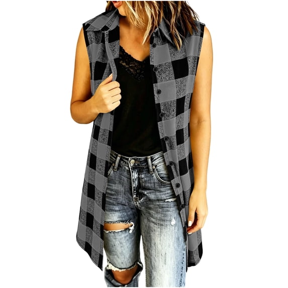 gbyLJF Women's Flannel Plaid Long Vest Sleeveless Button Down Lapel Cardigan Lightweight Casual Travel Holiday Coat
