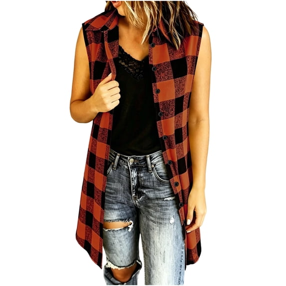 gbyLJF Women's Flannel Plaid Long Vest Sleeveless Button Down Lapel Cardigan Lightweight Casual Travel Holiday Coat