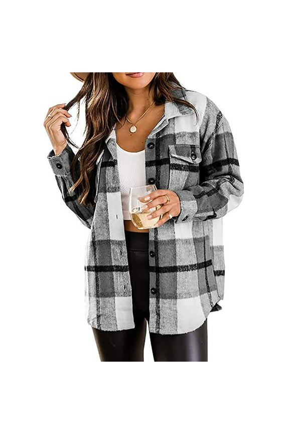 Women's Flannel Plaid Shacket Long Sleeve Button Down Shirts Outerwear Comfy Woolen Jacket Coats Gray L