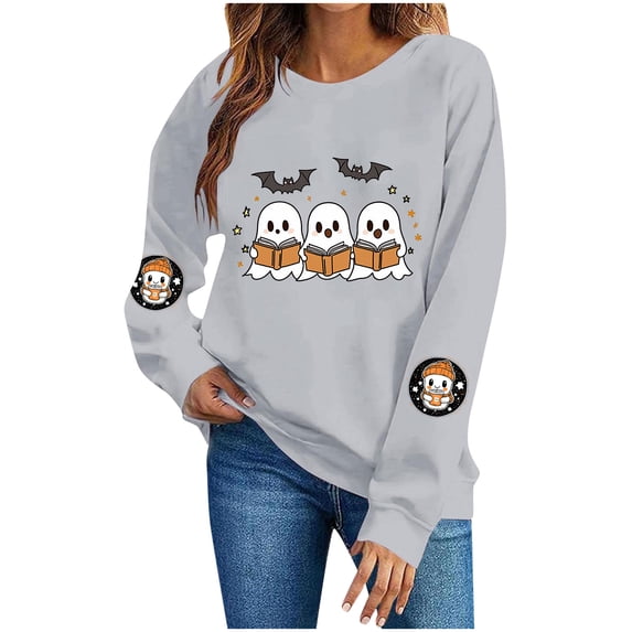 gbyLJF Women's Fleece Halloween Sweatshirt Funny Reading Ghosts Festival Hoodie Loose Fit Holiday Graphic Tunic Tops for Leggings