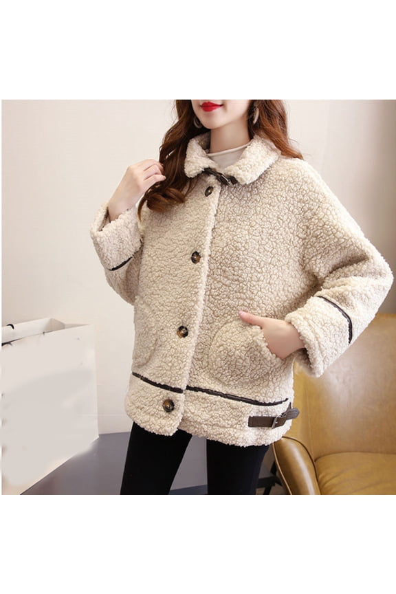 Women's Fleece Jacket Solid Color Button Down Laple Plush Coat Winter Thickened Warm Outwear Jacket with Pockets