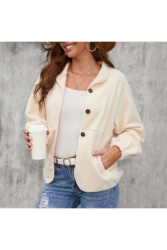 Women's Fleece Jacket Solid Color Button Down Long Sleeve Lapel Top Casual Loose Sweater Coat with Pockets