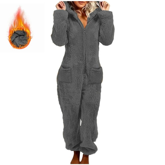 gbyLJF Women's Fleece One-Piece Pajamas Solid Color Zipper Hooded Jumpsuits Soft Comfy Home Clothing with Pockets
