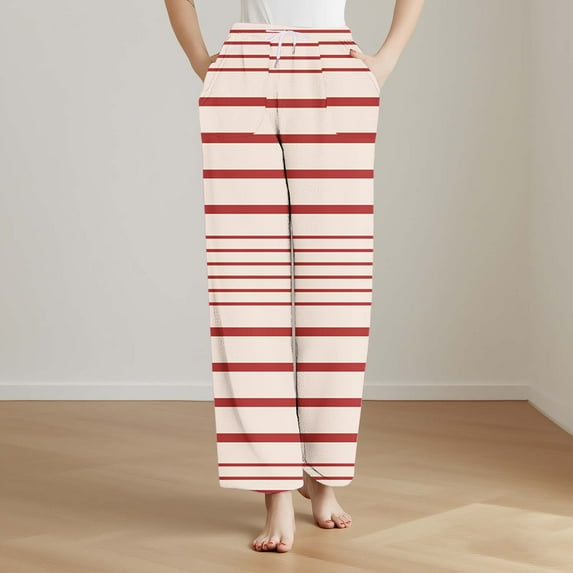 gbyLJF Women's Fleece Pajama Pants Casual Striped Printed Long Pants Drawstring Stretch Waist Trousers with Pockets