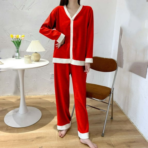 gbyLJF Women's Fleece Pajama Sets V-neck Long Sleeve Tops and Long Pant 2 Piece Sleepwear Thickened Warm Nightwear