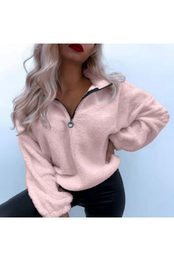 Women's Fuzzy Half Zip Pullover Fall Long Sleeve Sweatshirt Quarter Zip Warm Cozy Sweater Teen Girls Y2K Clothes Pink XL