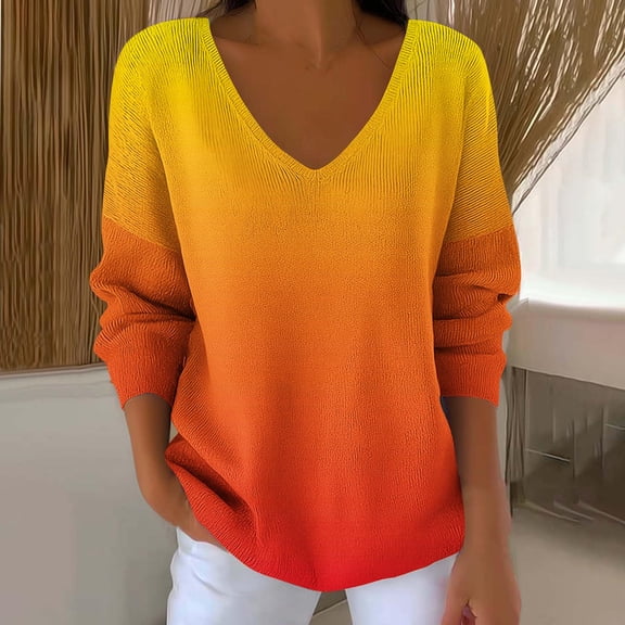 gbyLJF Women's Gradient Knitted Sweater Casual Loose Comfortable V-neck Long Sleeve Pullover Fall Winter Casual Base Layer Shirts Top