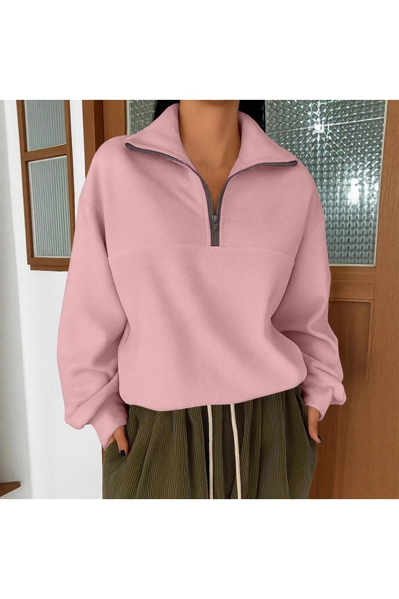 Women's Half Zip Sweatshirts Solid Color Long Sleeve Hoodie Casual Loose Hoodless Pullover Sweaters Winter Tops Blouse