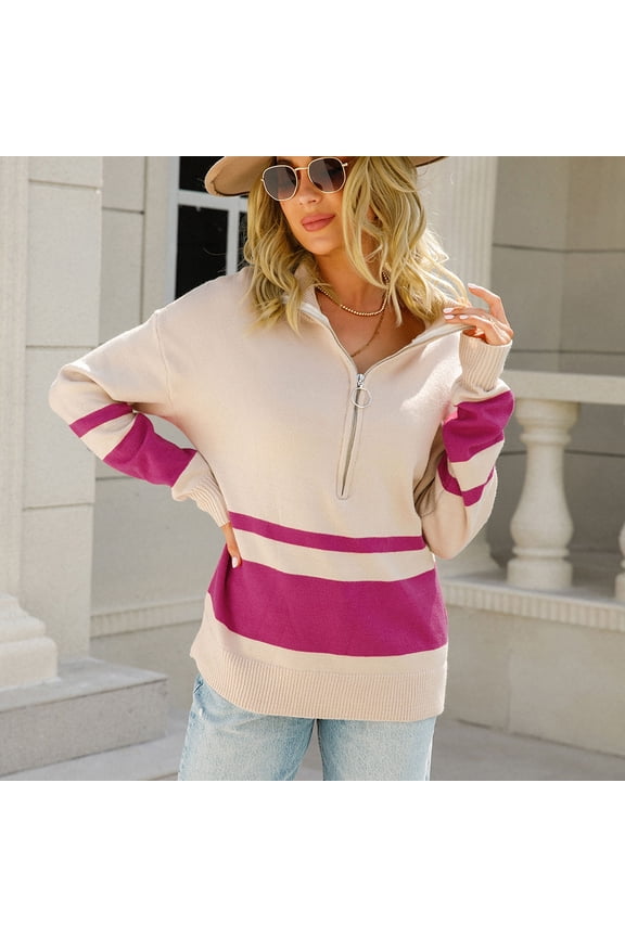 Women's Half Zipper Collar Sweatshirt Loose Drop Shoulder Oversized Slouchy Color Block Pullover Sweater Tops Hot Pink L