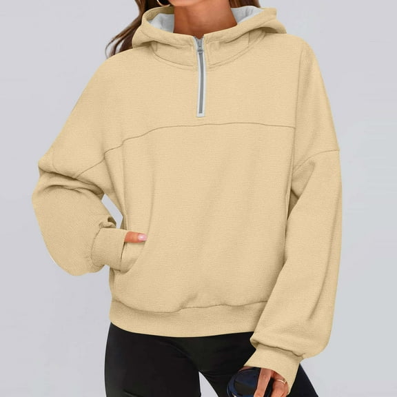 gbyLJF Women's Half Zipper Pullover Half-open Loose Round Neck Sweatshirt Oversized Casual Long Sleeve Hooded Top with Pocket