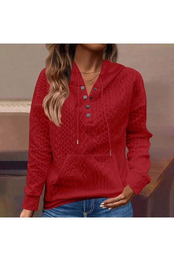 Women's Half-open Pullover Tops Four-button Round Neck Drawstring Hoodie Solid Color Long Sleeve Knitted Sweater with Pocket