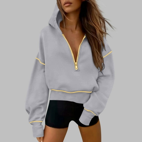 gbyLJF Women's Half-zipper Hooded Pullover Half-open Long Sleeve Sweatshirt Casual Fashion Solid Color Loose Fit Hoodie