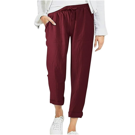 gbyLJF Women's High Waist Linen Blend Taper Leg Comfy Beach Crop Pants Solid Color Plus Size Slacks with Pockets Wine 5XL