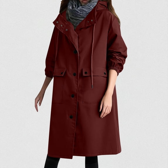 gbyLJF Women's Hooded Coat Mid-length Solid Color Long Sleeve Loose Jackets Single-breasted Waterproof and Windproof Jacket