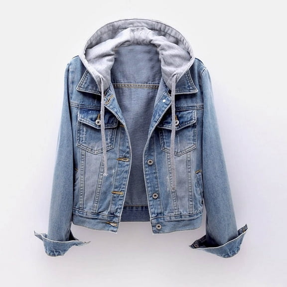 gbyLJF Women's Hooded Denim Jacket Long Sleeve Drawstring Short Blouse Coats Button Down Outwear with Multiple Pockets
