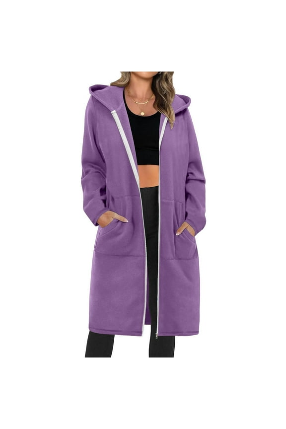 Women's Hoodie Long Jackets Autumn Winter Casual Loose Cardigan Solid Color Zipper Hooded Jacket with Pockets