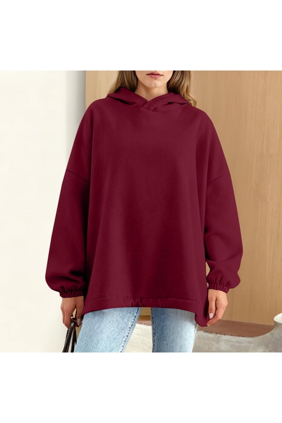 Women's Hoodie Solid Color Long Sleeve Hooded Sweatshirt Casual Loose Round Neck Pullover Sweaters with Adjustable Drawstring Hem