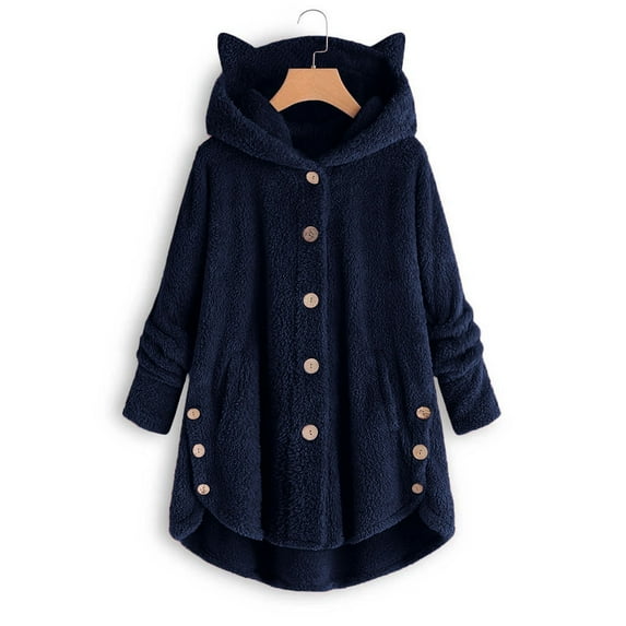 gbyLJF Women's Hoodies Coat Cat Ear Cap Plush Tops Fashion Winter Plus Size Warm Button Down Long Sleeve Stitching Pullover Sweaters