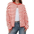 thumbnail image 1 of gbyLJF Women's Knitted Cardigan Striped Long Sleeve Button Down Sweaters Soft Comfy Open Front Round Neck Blouse, 1 of 2