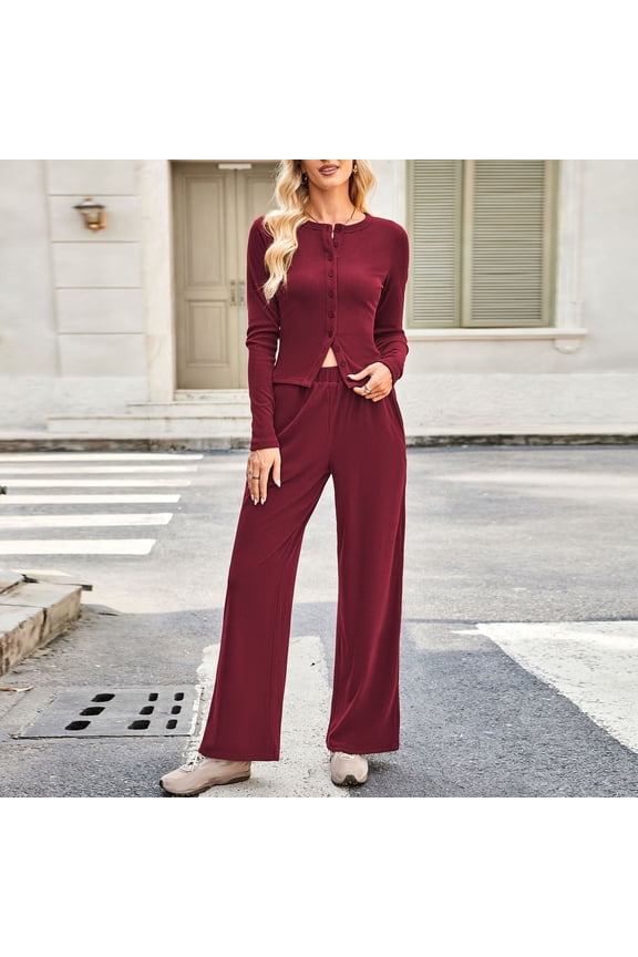 Women's Knitted Set Button Down Cardigan Elastic Waist Wide Leg Pant Casual Daily 2 Piece Set with Pockets