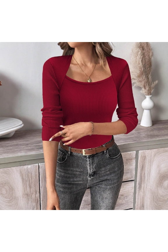 Women's Knitted Sweater Fall Solid Color Square Neck Sweaters Lightweight Casual Long Sleeve Tunic Tops